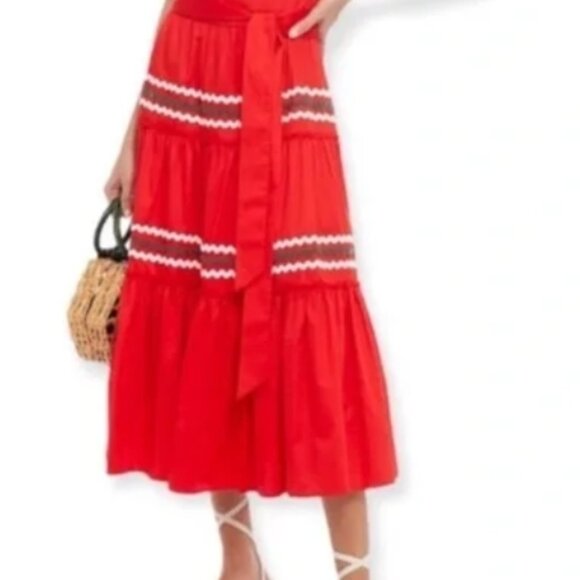 Tory Burch Embroidered Peasant Midi Dress Rickrack Trim Red Green White S, M$485 - Picture 2 of 9